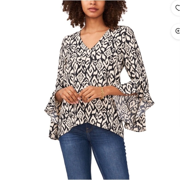 VINCE CAMUTO Unlined Crossover Hemline Printed Bell Sleeve V Neck Blouse - Picture 1 of 3